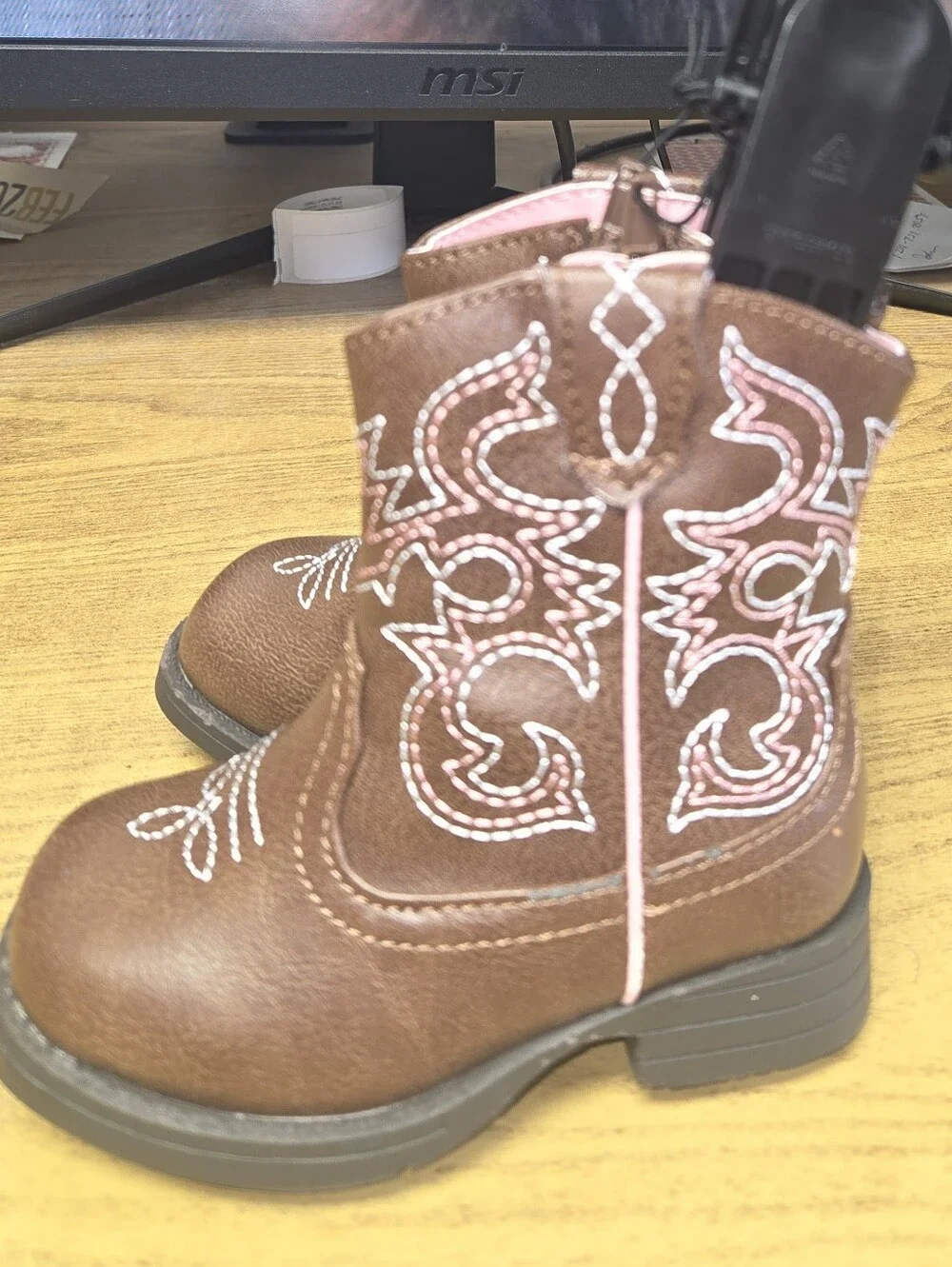 wonder nation Brown Kids Cowboy Boots with Pink Stitching